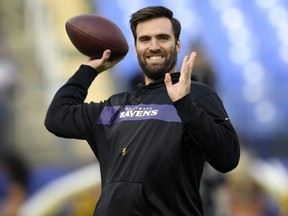 In this Dec. 30, 2018, file photo, Ravens quarterback Joe Flacco warms up before an NFL game against the Browns, in Baltimore.