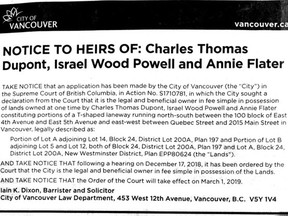 City of Vancouver notice to the heirs of Israel Wood Powell, Charles Thomas Dupont and Annie Flater about several lots on or near Main Street, between 4th and 7th avenues.