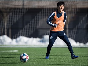 New Whitecaps midfielder Inbeom Hwang — of South Korea — takes part in a team practice ahead of Saturday's season-opening MLS action at B.C. Place Stadium in Vancouver. The Caps play the Minnesota United.