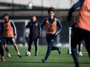 Vancouver Whitecaps midfielder Inbeom Hwang, centre, of South Korea, participates in MLS soccer practice in Vancouver, on Tuesday February 26, 2019. The team is scheduled to open the 2019 season Saturday against Minnesota United.
