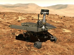 This illustration made available by NASA shows the rover Opportunity on the surface of Mars. The exploratory vehicle landed on Jan. 24, 2004, and logged more than 45 kilometres before falling silent during a global dust storm in June 2018.