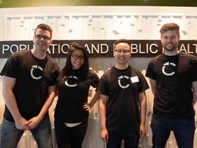 Member of the CareCrew team, from left, are Nathaniel Miller, Christina Chiu, Timothy Yeung, and Michael Tolkamp. In October, the team launched its Caren app that helps families take care of seniors in their homes.
