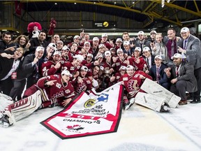 The Chilliwack Chiefs celebrate after winning the RBC Cup on Sunday May 20, 2018 with a 4-2 victory over the Wellington Dukes (OJHL) in Chilliwack.