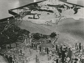 Model of a proposed causeway, tunnel and twin bridge from Downtown Vancouver to the North Shore in 1967.