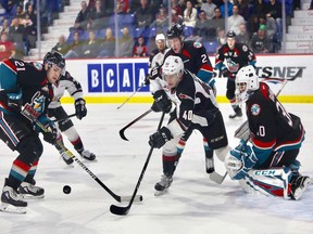Vancouver Giants centre Milos Roman battles in front of the Kelowna Rockets net on Friday at the Langley Events Centre.