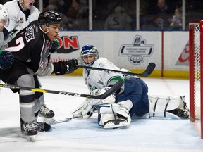 Justin Sourdif of the Vancouver Giants scored his 22nd goal of the WHL season on Tuesday in Seattle as the Giants beat the Thunderbirds 5-1.