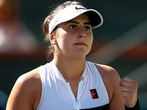 Bianca Andreescu celebrates a point against Angelique Kerber during their women's singles final at the BNP Paribas Open in Indian Wells, Calif., on Sunday, March 17, 2019.