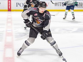 Bowen Byram, pictured in an earlier game at the accesso ShoWare Center in Kent, Wash., opened scoring for the Vancouver Giants as they try to close out the Seattle Thunderbirds in Game 6 Saturday.
