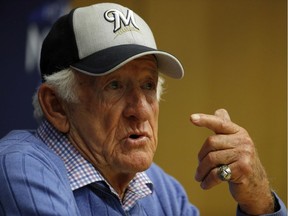 Milwaukee Brewers sportscaster Bob Uecker speaks at a news conference before Game 1 of the National League Championship Series between the Brewers and the Los Angeles Dodgers in Milwaukee on Oct. 12, 2018.