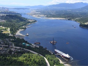 An aerial view of Kinder Morgan's Trans Mountain marine terminal in Burnaby.