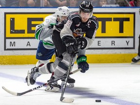 Giants forward Jared Dmytriw carries the puck against the Seattle Thunderbirds in a 6-4 win on Tuesday.