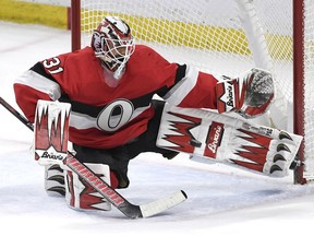 Anders Nilsson of the Ottawa Senators makes a save during last week's NHL game against the St. Louis Blues in Ottawa. The former Canuck goalie has found his groove in Ottawa since being traded Jan. 2.