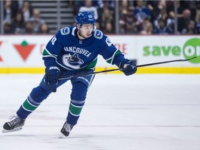 Vancouver Canucks' Quinn Hughes skates during the first period of an NHL hockey game against the Los Angeles Kings in Vancouver, on Thursday March 28, 2019.