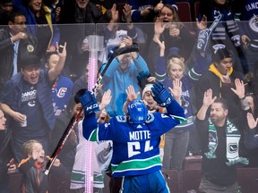 Tyler Motte celebrates his second goal in a span of 11 seconds Wednesday at Rogers Arena.