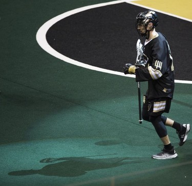 Vancouver Warriors' Tony Malcolm after scoring on the New England Black Wolves in their regular season National Lacrosse League game at Rogers Arena on Saturday, March 16, 2019.