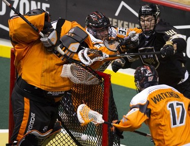 Vancouver Warriors' Tony Malcolm fights past a pair of New England Black Wolves defenders to score on goalie Alex Buque in their regular season National Lacrosse League game at Rogers Arena on Saturday, March 16, 2019.