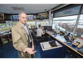 Mark Collins, president and CEO of B.C. Ferries, discusses operations in the control tower at the corporation's Swartz Bay terminal.