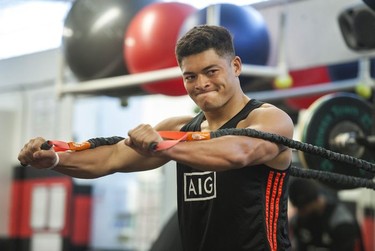 New Zealand All Blacks Sevens' Tone Ng Shiu works out with the rest of the team at St. George's school in Vancouver, BC Thursday, March 7, 2019 for the upcoming HSBC Canada Sevens Rugby series.