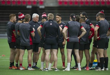 Team Canada's Mike Fuailefau (centre facing) practices with the rest of the team at BC Place stadium in Vancouver, BC Wednesday, March 6, 2019 for the upcoming HSBC Canada Sevens Rugby series.