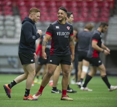 Team Canada's Mike Fuailefau practices with the rest of the team at BC Place stadium in Vancouver, BC Wednesday, March 6, 2019 for the upcoming HSBC Canada Sevens Rugby series.