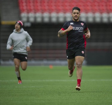 Team Canada's Mike Fuailefau practices with the rest of the team at BC Place stadium in Vancouver, BC Wednesday, March 6, 2019 for the upcoming HSBC Canada Sevens Rugby series.