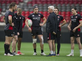 Team Canada's Jake Thiel, with the ball, works out Wednesday with the rest of his team at B.C. Place Stadium for the upcoming HSBC Canada Sevens Rugby series.