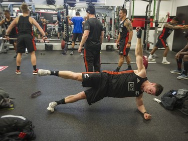 New Zealand All Blacks Sevens' players work out at St. George's school in Vancouver, B.C., Thursday, March 7, 2019 for the upcoming HSBC Canada Sevens Rugby series.