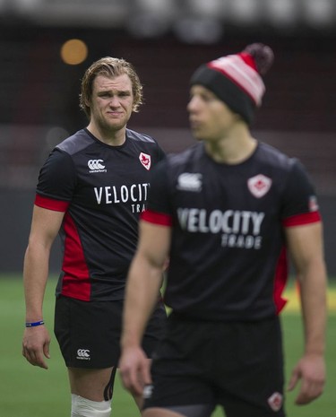 Team Canada's Jake Thiel practices with the rest of the team at BC Place stadium in Vancouver, BC Wednesday, March 6, 2019 for the upcoming HSBC Canada Sevens Rugby series.