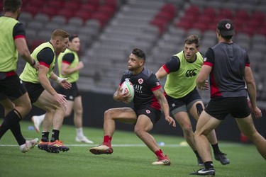 Team Canada's Mike Fuailefau practices with the rest of the team at BC Place stadium in Vancouver, BC Wednesday, March 6, 2019 for the upcoming HSBC Canada Sevens Rugby series.