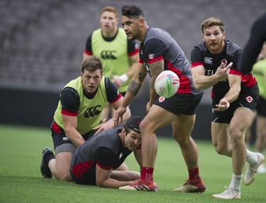Team Canada's Mike Fuailefau practices with the rest of the team at BC Place stadium in Vancouver, BC Wednesday, March 6, 2019 for the upcoming HSBC Canada Sevens Rugby series.