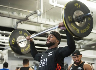 New Zealand All Blacks Sevens' Jona Nareki works out with the rest of the team at St. George's school in Vancouver, BC Thursday, March 7, 2019 for the upcoming HSBC Canada Sevens Rugby series.