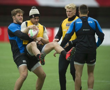 England Rugby Sevens players clown around during a team practice for the HSBC Canada Sevens at B.C. Place Stadium on Friday, March 8, 2019.