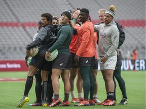 South Africa's Springboks Rugby Sevens players let out a team cheer during practice at B.C. Place stadium on Friday, March 8, 2019.