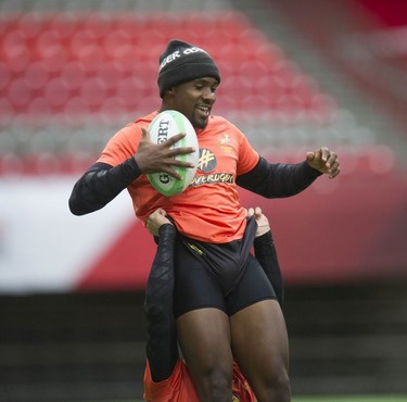 South Africa's Springboks Rugby Sevens practise their lineout moves during a team training session at B.C. Place stadium on Friday, March 8, 2019.