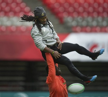 South Africa's Springboks Rugby Sevens practise their lineout moves during a team training session at B.C. Place stadium on Friday, March 8, 2019.