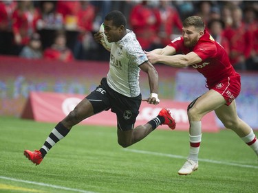 Canada plays Fiji at BC Place Stadium during the 2019 HSBC Canada Sevens rugby tournament in Vancouver, BC Saturday, March 9, 2019.