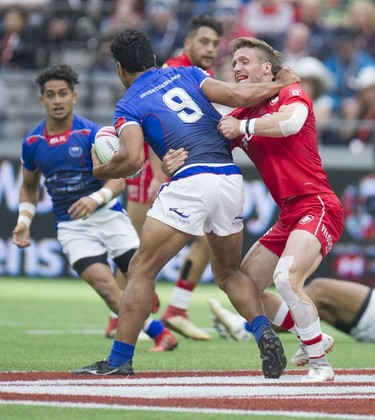 Canada's Luke McCloskey plays Samoa at BC Place Stadium during the 2019 HSBC Canada Sevens rugby tournament in Vancouver, Saturday, March 9, 2019.
