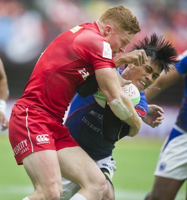 Canada's Connor Braid plays Samoa at BC Place Stadium during the 2019 HSBC Canada Sevens rugby tournament in Vancouver, Saturday, March 9, 2019.