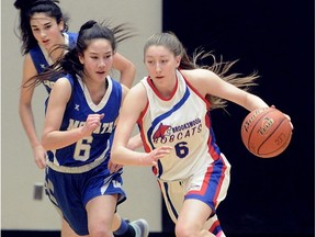 Brookswood Bobcats' Lenna Dick (right) breaks past R.A. McMath Wildcats' Caitlin Bradley-Tse during Girls AAA 2019 BC Secondary School Championships at the Langley Events Centre on Feb. 27, 2019.