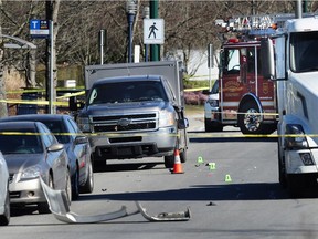 Burnaby RCMP investigate after two officers were taken to hospital in serious condition following a hit and run in the North Fraser Way and Glenlyon Parkway area of Burnaby on Monday, March 4, 2019.