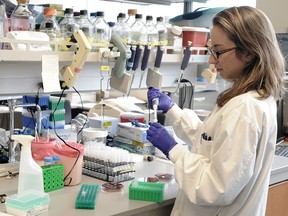 A lab worker at the vaccine evaluation centre at B.C. Children's Hospital Research Institute.