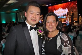 Foundation chair Brandon Hui welcomed Jody Wilson-Raybould, one of many politicos, that came out to support the venerable multicultural social service agency. Photo by Fred Lee.