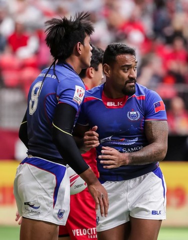 Samoa's John Vaili (8) celebrates his try against Canada with teammate David Afamasaga (12) during World Rugby Sevens Series action in Vancouver, B.C., on Saturday March 9, 2019.