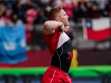 Canada's Connor Braid (6) celebrates after scoring a try during World Rugby Sevens Series action against Fiji, in Vancouver, B.C., on Saturday, March 9, 2019.