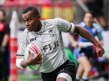 Fiji's Alasio Naduva (10) scores a try against Kenya during World Rugby Sevens Series action in Vancouver, B.C., on Saturday March 9, 2019.