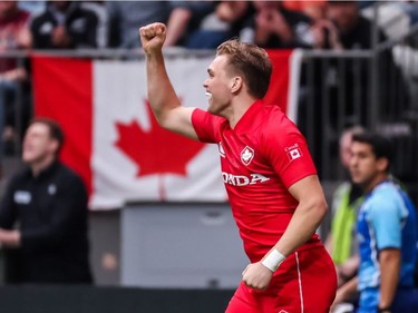 Canada's Jake Thiel celebrates his team's try against Spain during World Rugby Sevens Series action in Vancouver on Sunday, March 10, 2019.