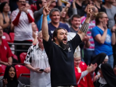 Actor Jason Momoa reacts after New Zealand defeated Argentina during World Rugby Sevens Series action in Vancouver on Sunday, March 10, 2019.