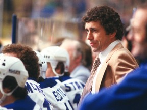 Roger Neilson behind the Leafs bench on March 3, 1979 vs the Flyers, after being unfired earlier in the day.