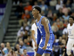 Canadian R.J. Barrett of the Duke University Blue Devils reacts during a semifinal game against the University of North Carolina Tar Heels at the 2019 men's ACC tournament at Spectrum Center on March 15, 2019 in Charlotte, N.C.