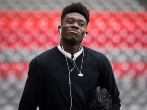 Vancouver Whitecaps' Alphonso Davies walks across the field to the dressing room as he arrives at B.C. Place stadium to play his final match as a member of the MLS soccer team, in Vancouver on Sunday, Oct. 28, 2018. In his return to Vancouver, Bayern Munich teenager Alphonso Davies will look to help complete Canada's perfect CONCACAF Nations League qualifying run against French Guiana on March 24 at BC Place Stadium.